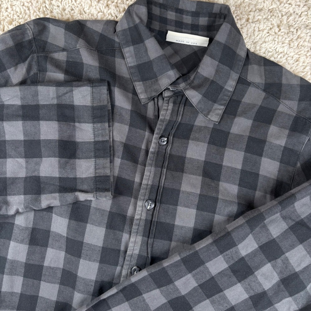 Eleven Stitch Design Mens Button Up Shirt S Gray Buffalo Plaid Flannel USA Made